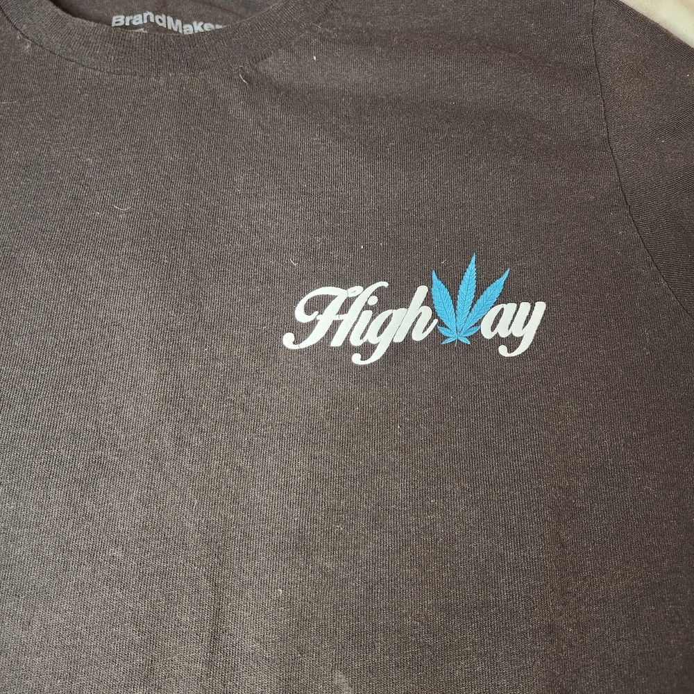 Highway Script Tee with Blue Leaf Graphic - Brown